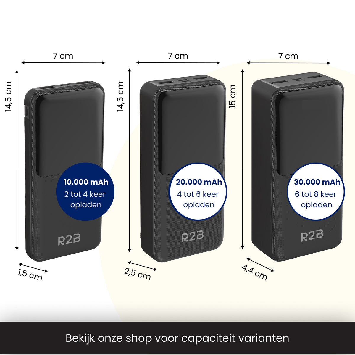R2B Powerbank 10.000 mAh - Ingebouwde Kabels (USB-C & 8 Pins) - Snelladen - Betrouwbaar & Compact