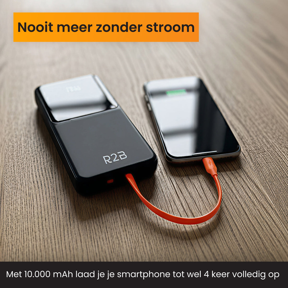 R2B Powerbank 10.000 mAh - Ingebouwde Kabels (USB-C & 8 Pins) - Snelladen - Betrouwbaar & Compact