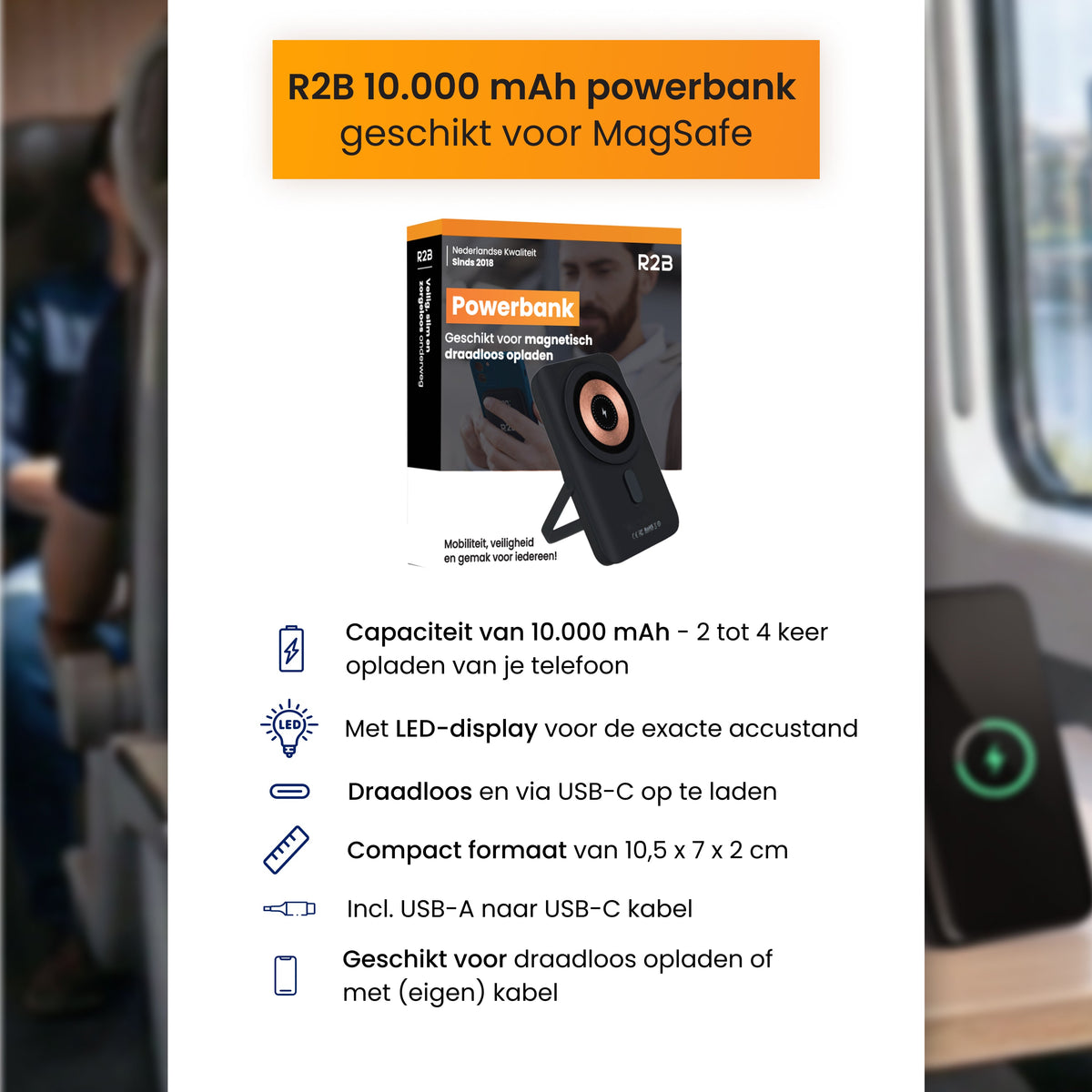 R2B Powerbank 10.000 mAh - Magnetisch & Draadloos Snelladen - 2 tot 4 keer Opladen - Voor MagSafe - Powerbank