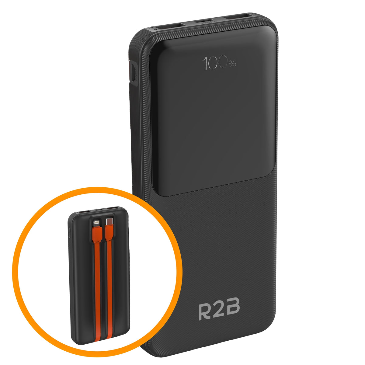 R2B Powerbank 10.000 mAh met Ingebouwde Kabels (USB-C & 8 Pins)