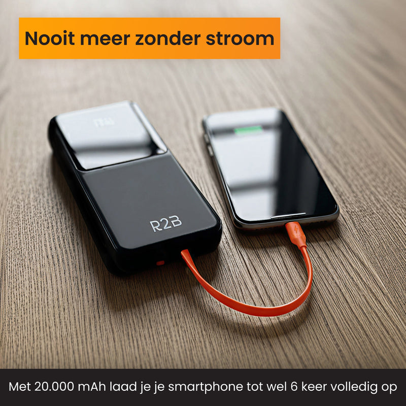 R2B Powerbank 20.000 mAh - Ingebouwde Kabels (USB-C & 8 Pins) - Snelladen - Betrouwbaar & Compact