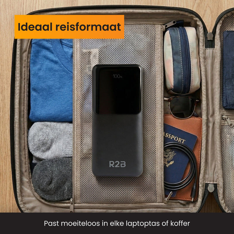 R2B Powerbank 20.000 mAh - Ingebouwde Kabels (USB-C & 8 Pins) - Snelladen - Betrouwbaar & Compact