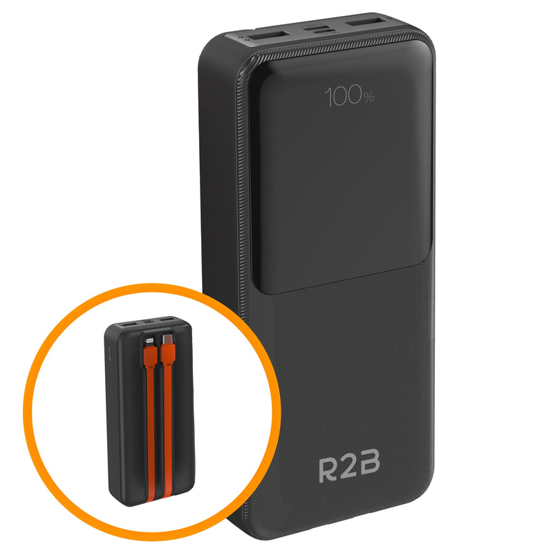 R2B Powerbank 20.000 mAh - Ingebouwde Kabels (USB-C & 8 Pins) - Snelladen - Betrouwbaar & Compact