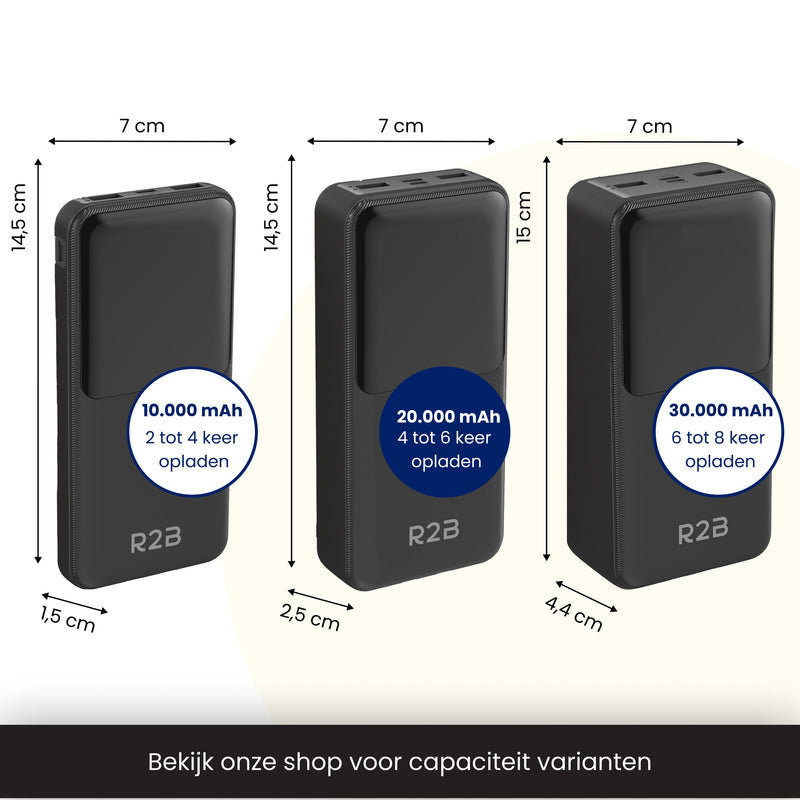 R2B Powerbank 20.000 mAh - Ingebouwde Kabels (USB-C & 8 Pins) - Snelladen - Betrouwbaar & Compact