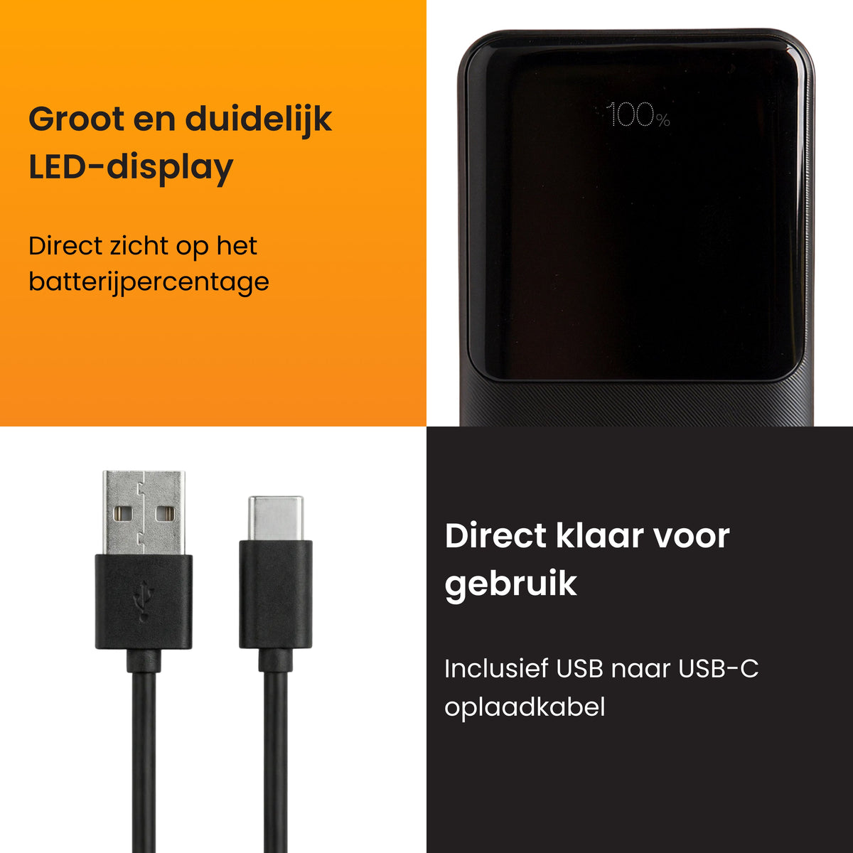 R2B Powerbank 30.000 mAh met Ingebouwde Kabels (USB-C & 8 Pins)