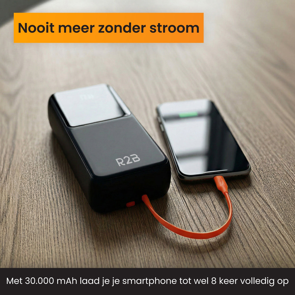 R2B Powerbank 30.000 mAh met Ingebouwde Kabels (USB-C & 8 Pins)