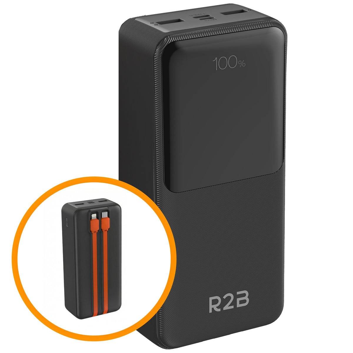 R2B Powerbank 30.000 mAh met Ingebouwde Kabels (USB-C & 8 Pins)