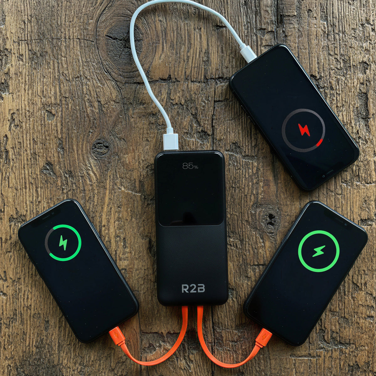 R2B Powerbank 30.000 mAh met Ingebouwde Kabels (USB-C & 8 Pins)