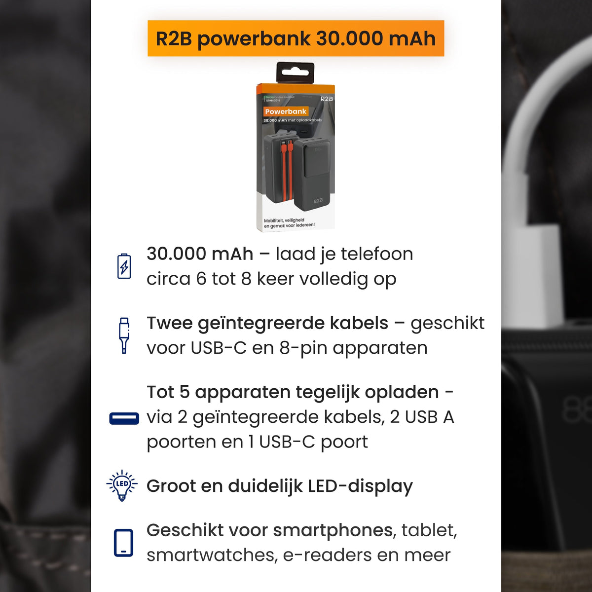 R2B Powerbank 30.000 mAh met Ingebouwde Kabels (USB-C & 8 Pins)