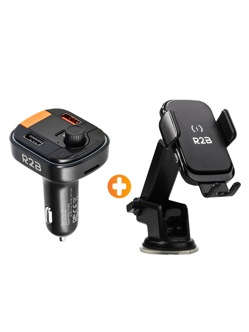 R2B Qi Draadloze Telefoonhouder met Bluetooth FM Transmitter Auto - Voor Raam Dashboard & Ventilatierooster