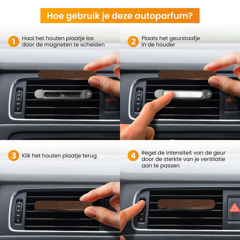 R2B® Auto parfum met houder inclusief 2 Geurstaafjes - Walnoothout - Grijs - Auto Geurverfrisser - Autoparfum