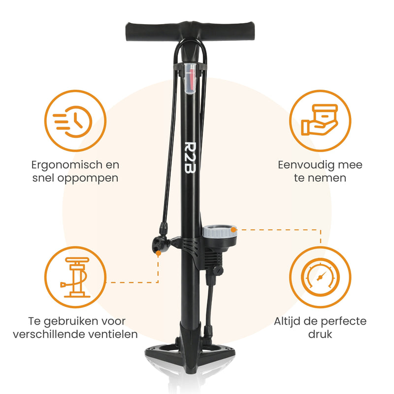 R2B® Fietspomp met Drukmeter - Dubbele Ventielkop - Incl. Opzetstuk voor o.a. Ballen & Luchtbed