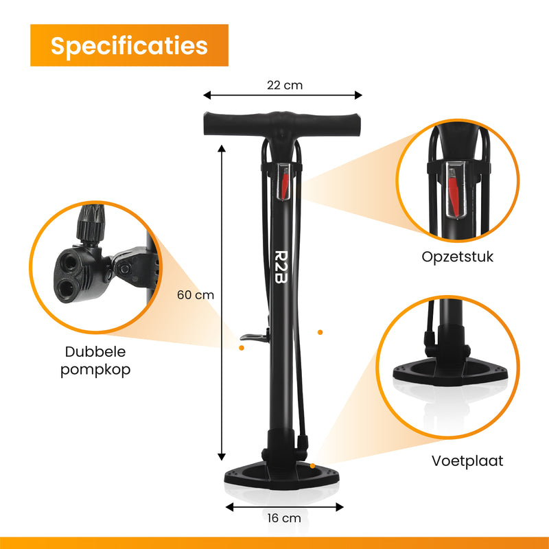 R2B® Fietspomp zonder Drukmeter - Dubbele Ventielkop - Incl. Opzetstuk voor o.a. Ballen & Luchtbed - Fietspompen - Pomp
