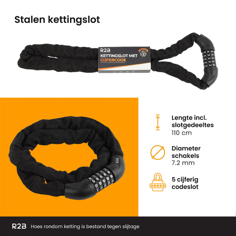 R2B® Fietsslot met cijferslot - 110 cm - Kettingslot fiets - Fietssloten electrische fietsen - Fietsslot ketting
