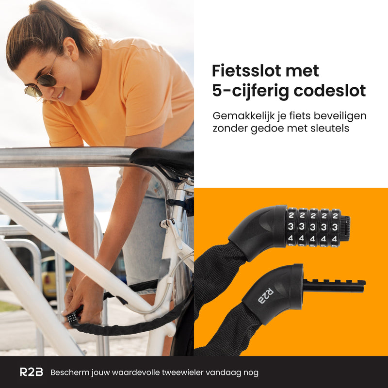 R2B® Fietsslot met cijferslot - 110 cm - Kettingslot fiets - Fietssloten electrische fietsen - Fietsslot ketting