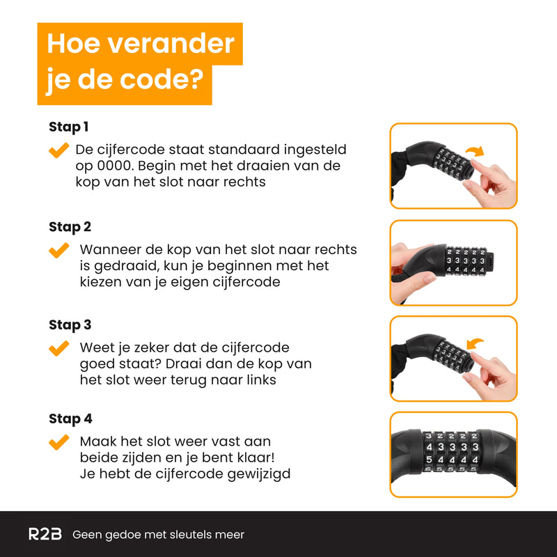 R2B® Fietsslot met cijferslot - 110 cm - Kettingslot fiets - Fietssloten electrische fietsen - Fietsslot ketting