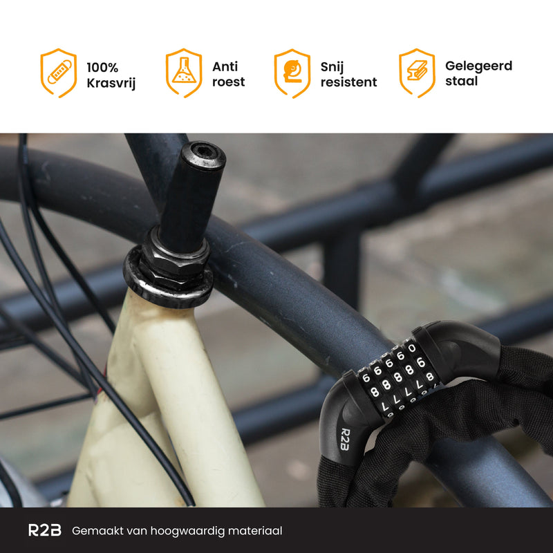 R2B® Fietsslot met cijferslot - 110 cm - Kettingslot fiets - Fietssloten electrische fietsen - Fietsslot ketting