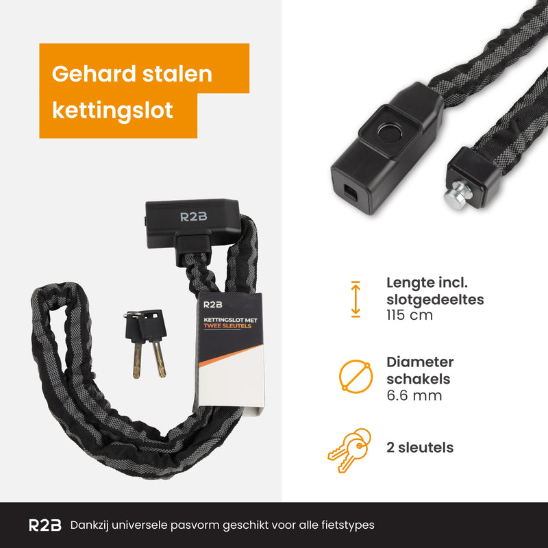 R2B® Fietsslot met twee sleutels - 115 cm - Kettingslot fiets - Fietssloten elektrische fietsen - Fietsslot ketting