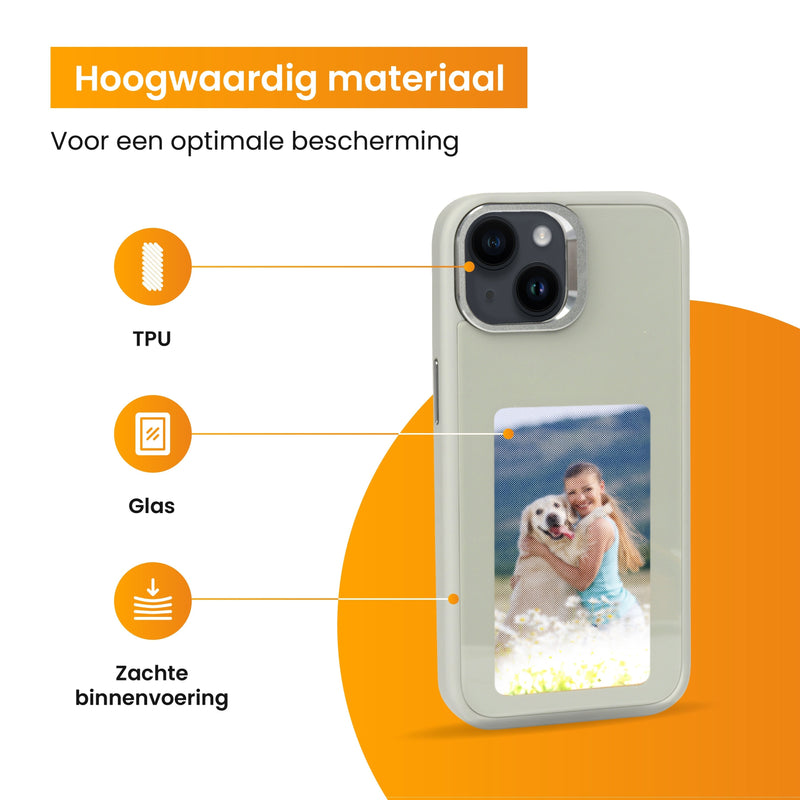 R2B® Foto Hoesje geschikt voor iPhone 14 - Incl. Screenprotector - E ink iPhone case - Grijs - Telefoonhoesje
