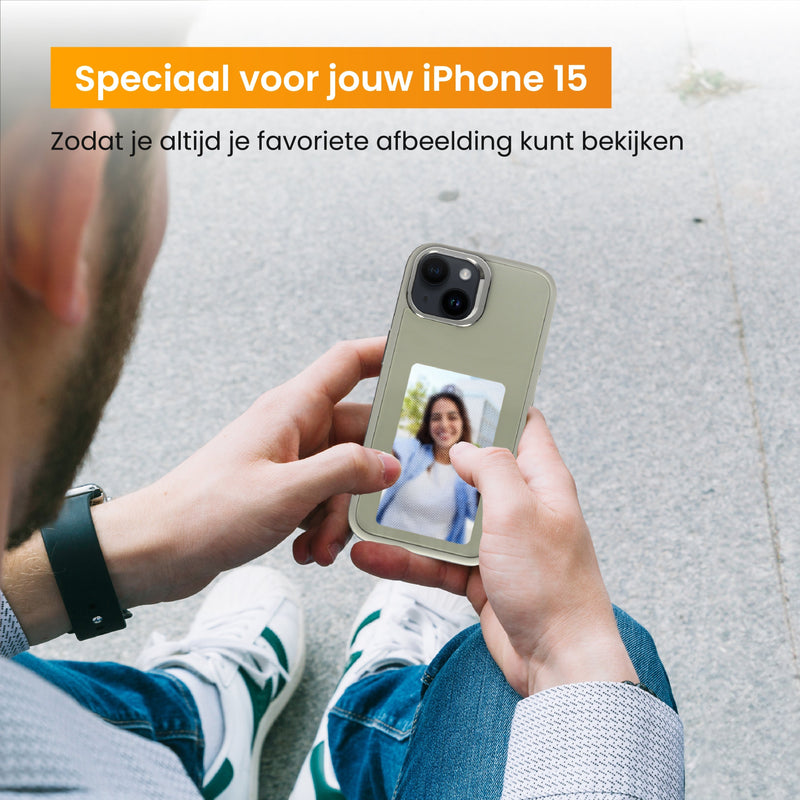 R2B® Foto Hoesje geschikt voor iPhone 15 - Incl. Screenprotector - E ink iPhone case - Grijs - Telefoonhoesje