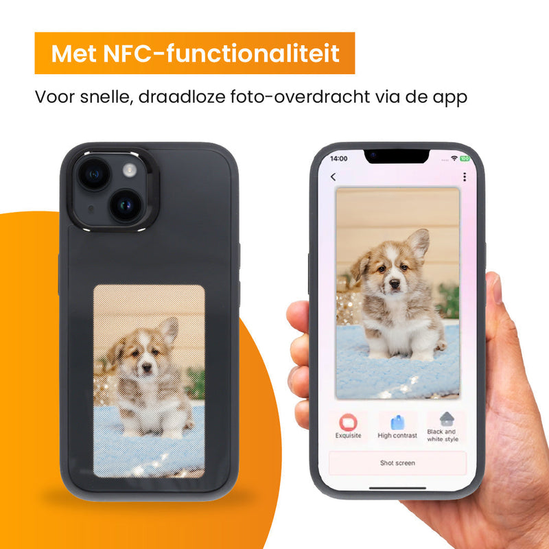 R2B® Foto Hoesje geschikt voor iPhone 16 - Incl. Screenprotector - E ink iPhone case - Zwart - Telefoonhoesje