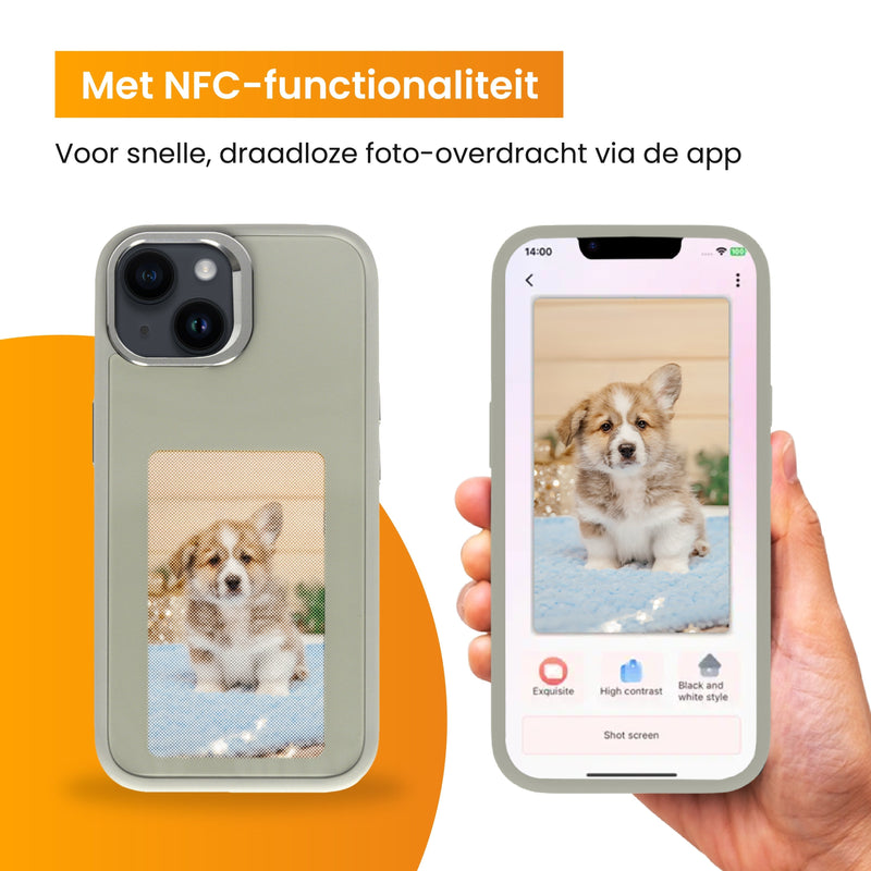 R2B® Foto Hoesje geschikt voor iPhone 16 - Incl. Screenprotector - E ink iPhone case - Grijs - Telefoonhoesje