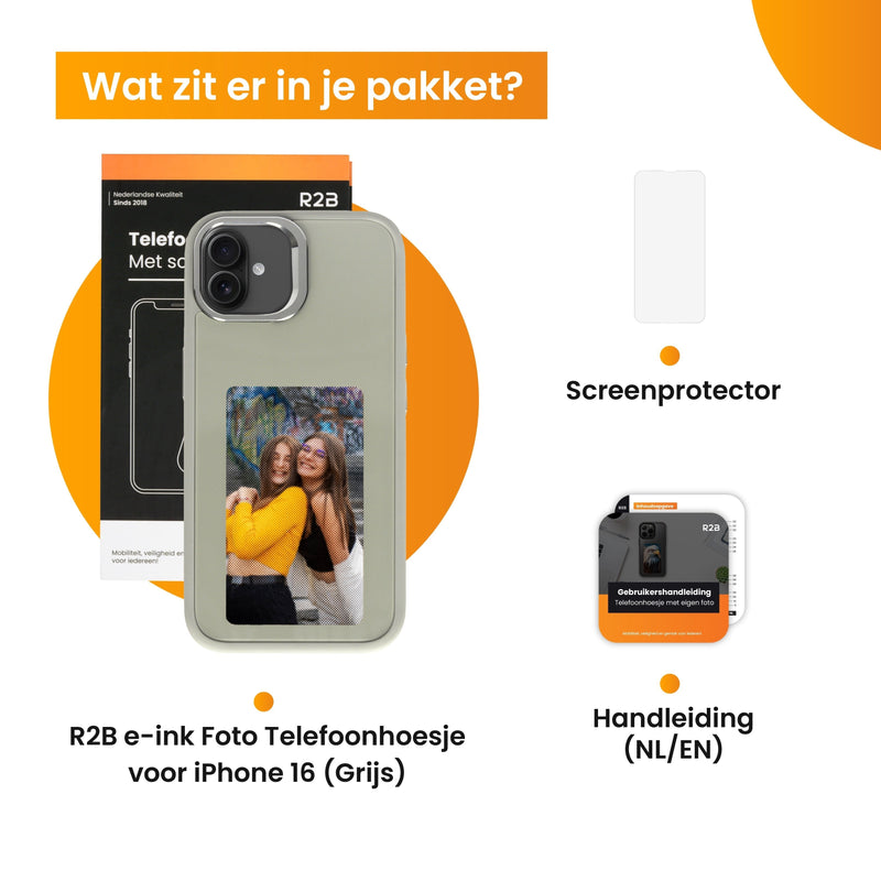 R2B® Foto Hoesje geschikt voor iPhone 16 - Incl. Screenprotector - E ink iPhone case - Grijs - Telefoonhoesje