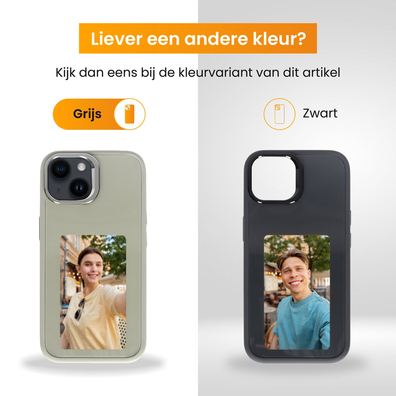 R2B® Foto Hoesje geschikt voor iPhone 16 - Incl. Screenprotector - E ink iPhone case - Grijs - Telefoonhoesje