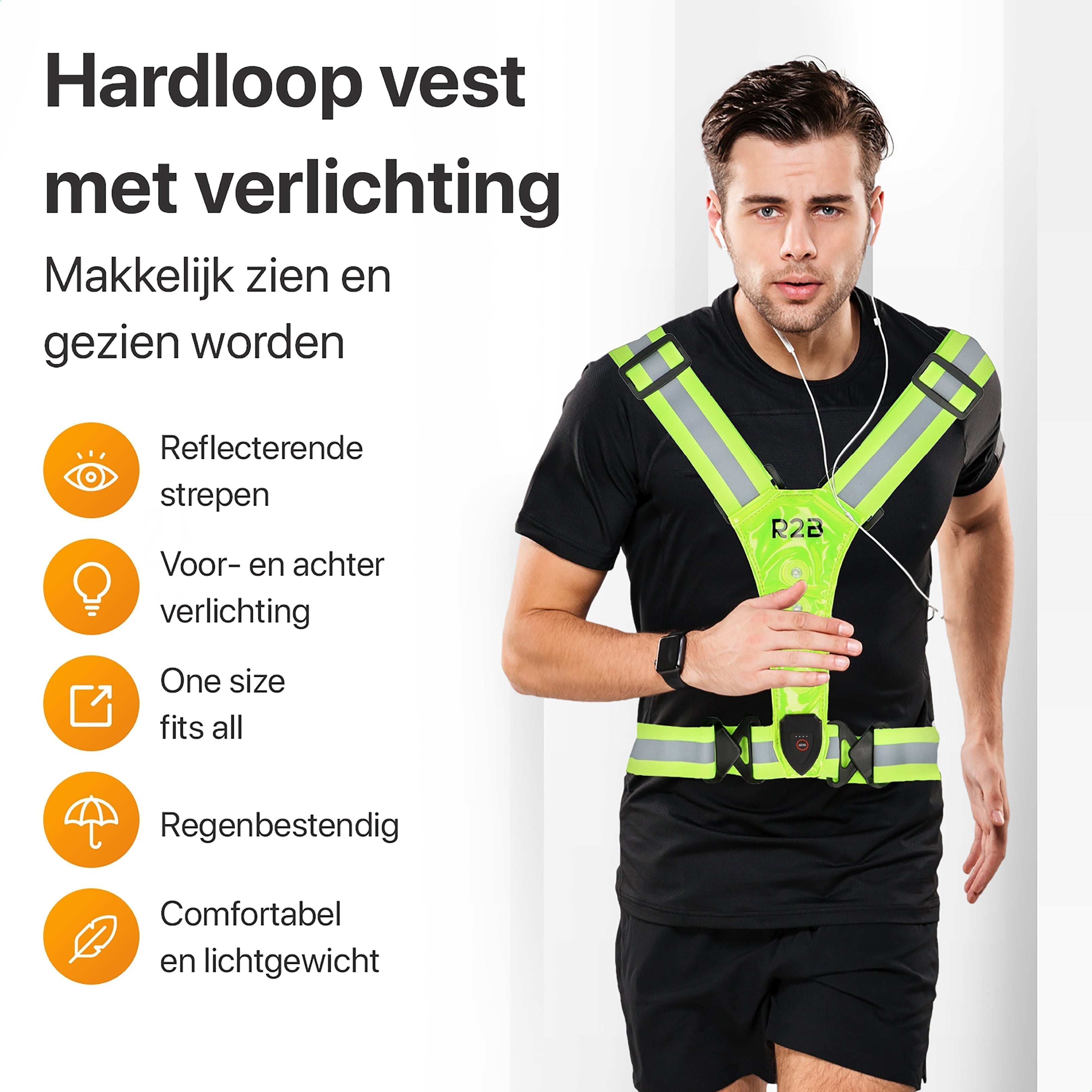 R2B® Hardloopvest met Verlichting aan voor- en achterkant - Geel - Inclusief USB-C kabel - Telefoonhouder sport