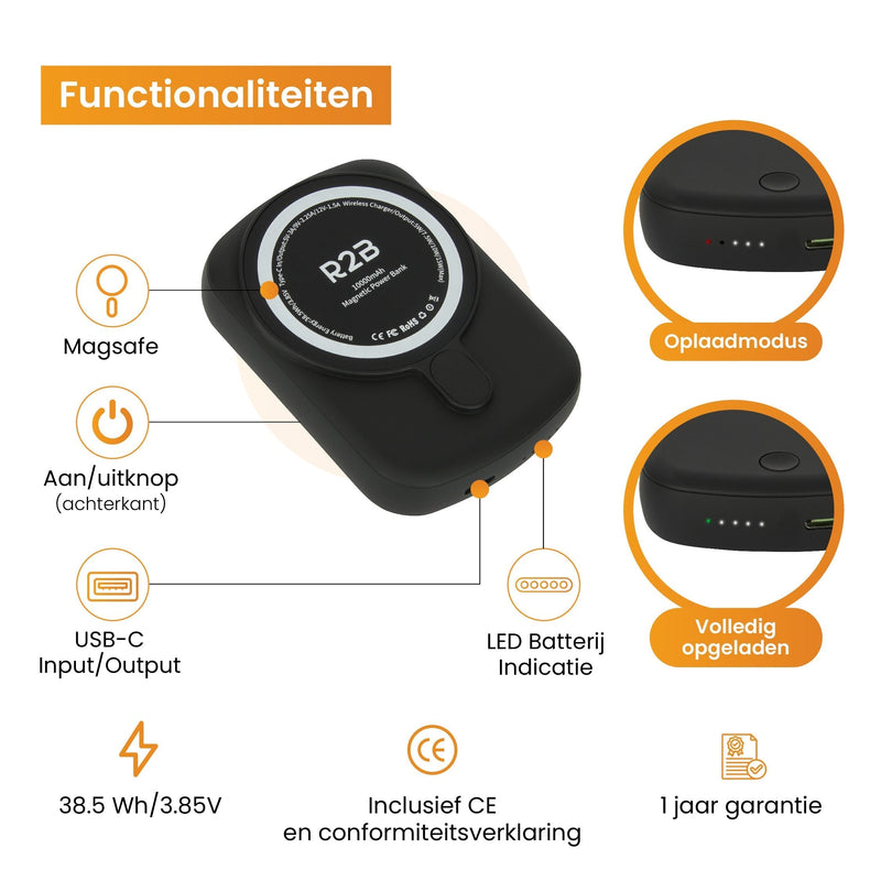 R2B® Powerbank 10000 mAh geschikt voor iPhone 12/13/14/15 en Magsafe - USB-C output - 2 tot 4 keer opladen - Draadloos