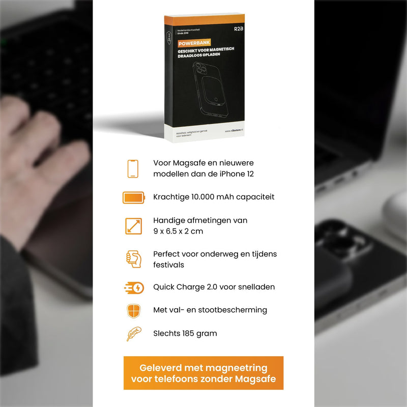 R2B® Powerbank 10000 mAh geschikt voor iPhone 12/13/14/15 en Magsafe - USB-C output - 2 tot 4 keer opladen - Draadloos