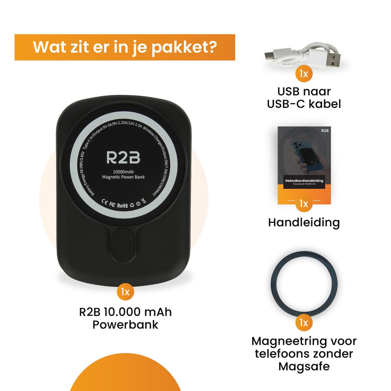 R2B® Powerbank 10000 mAh geschikt voor iPhone 12/13/14/15 en Magsafe - USB-C output - 2 tot 4 keer opladen - Draadloos