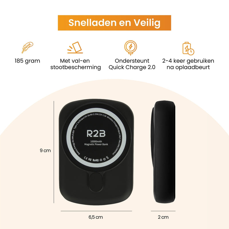 R2B® Powerbank 10000 mAh geschikt voor iPhone 12/13/14/15 en Magsafe - USB-C output - 2 tot 4 keer opladen - Draadloos