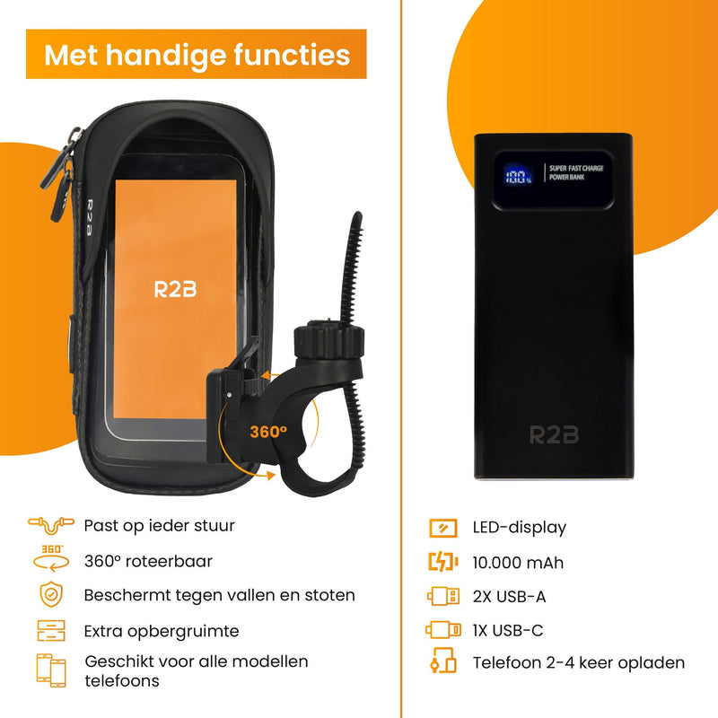 R2B® Robuuste Telefoonhouder Fiets Waterdicht + Powerbank 10.000 mAh - Model Leiden - Telefoonhouder fiets