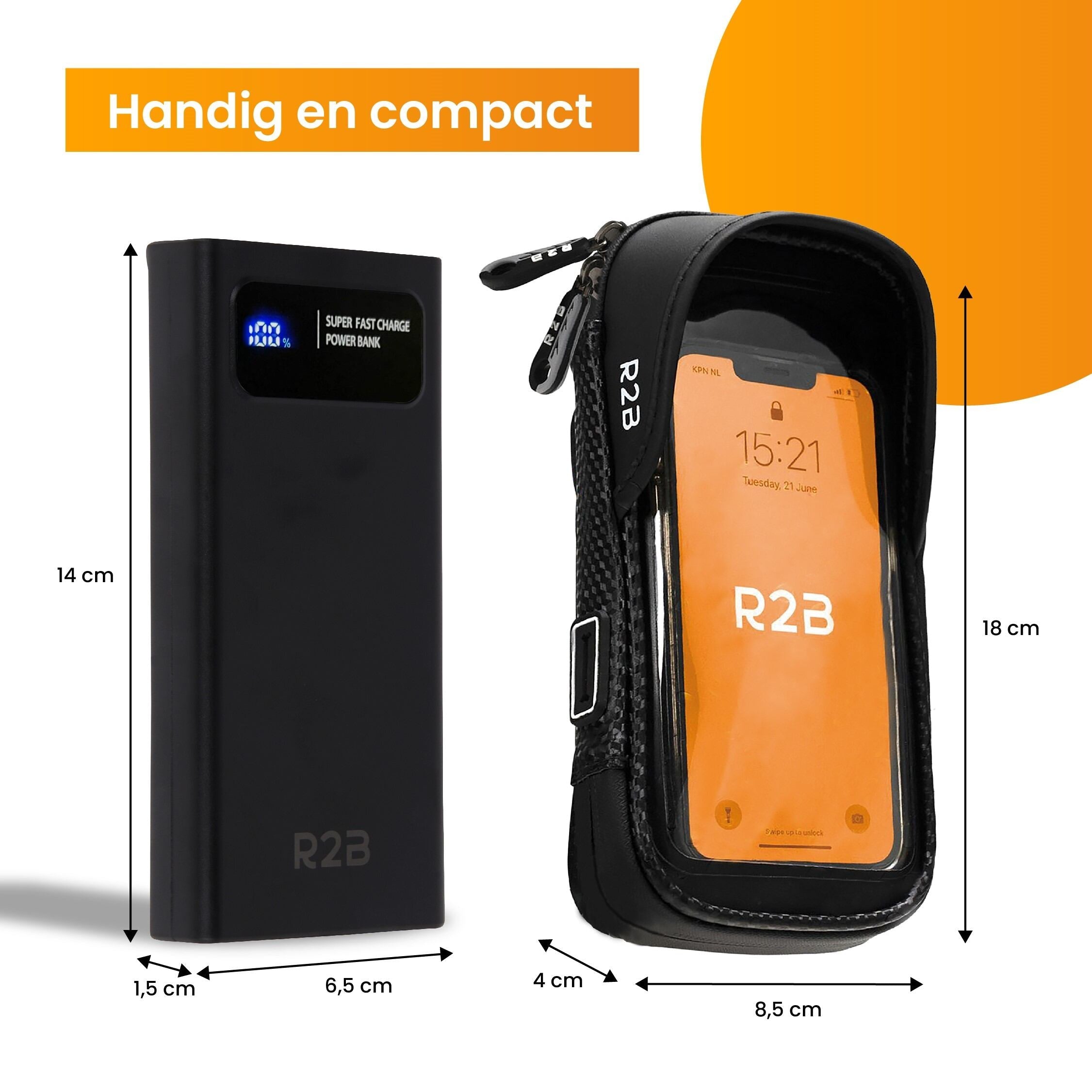 R2B® Robuuste Telefoonhouder Fiets Waterdicht + Powerbank 10.000 mAh - Model Leiden - Telefoonhouder fiets