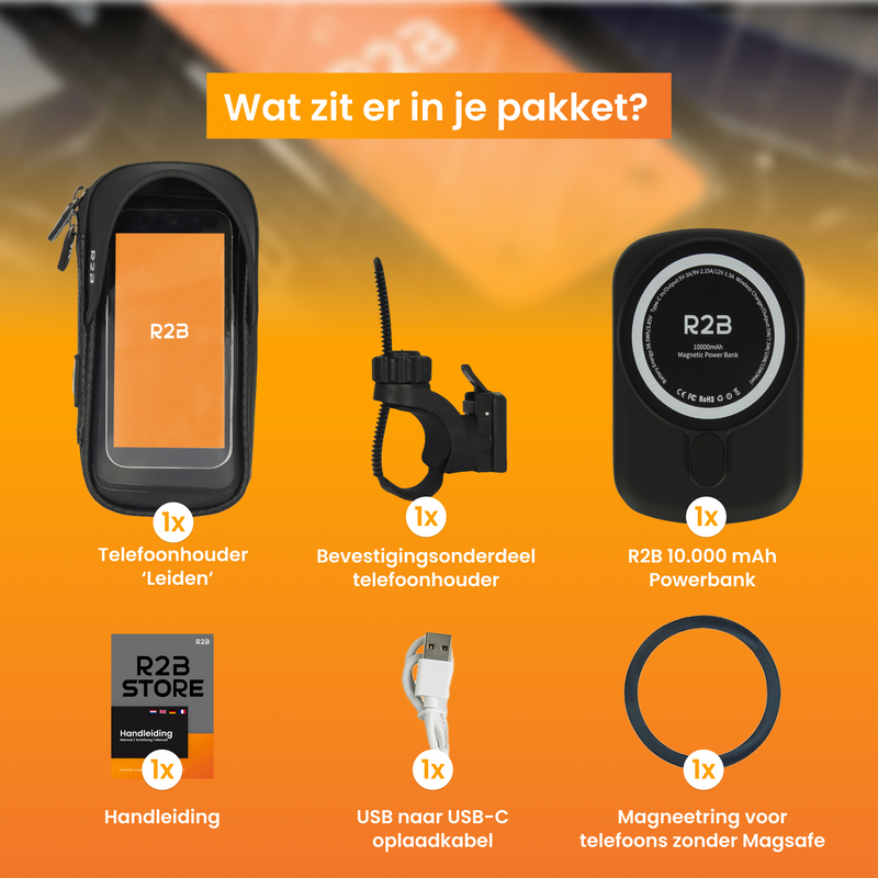 R2B® Robuuste Telefoonhouder Fiets Waterdicht + Powerbank geschikt voor Magsafe - Model Leiden - Telefoonhouder fiets