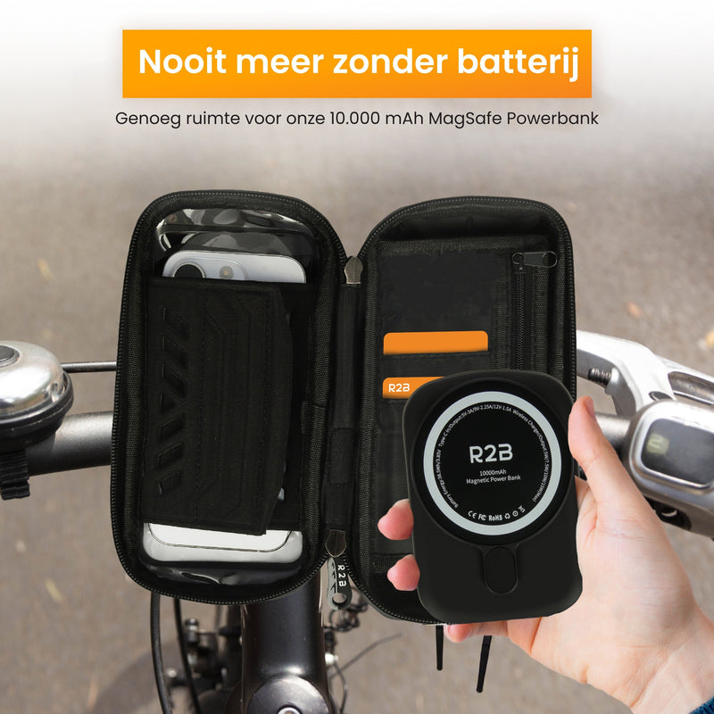 R2B® Telefoonhouder Fiets Waterdicht & Powerbank geschikt voor MagSafe - Model Den Haag - Zwart - Telefoonhouder fiets