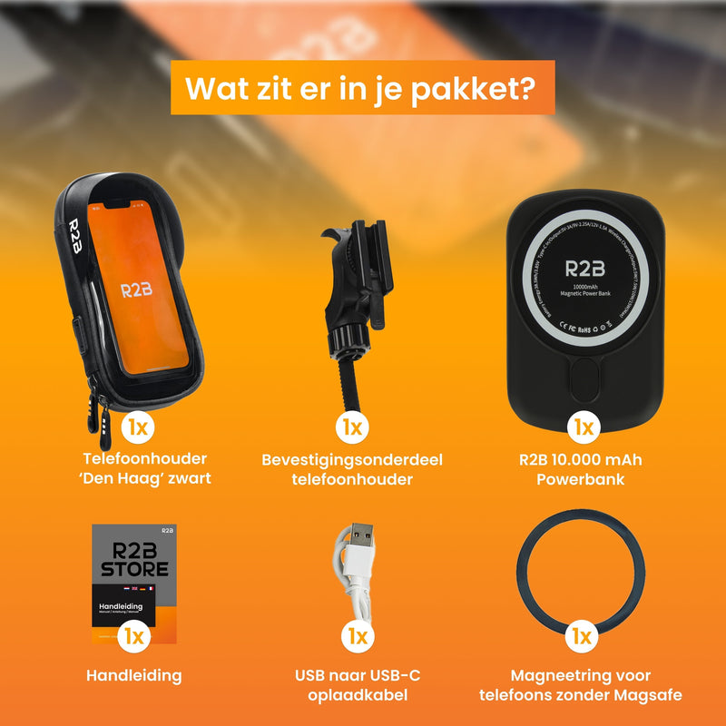 R2B® Telefoonhouder Fiets Waterdicht & Powerbank geschikt voor MagSafe - Model Den Haag - Zwart - Telefoonhouder fiets