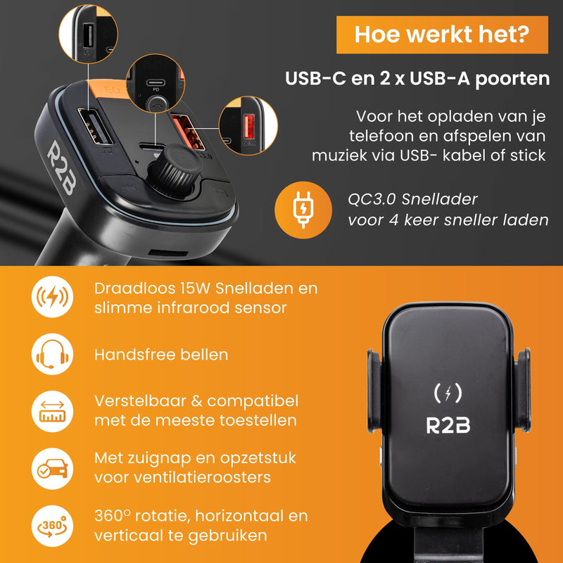 R2B® Telefoonhouders Auto Zuignap met Draadloze Oplader + Bluetooth FM Transmitter / Autolader - Voor Raam Dashboard