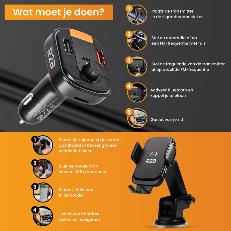 R2B® Telefoonhouders Auto Zuignap met Draadloze Oplader + Bluetooth FM Transmitter / Autolader - Voor Raam Dashboard