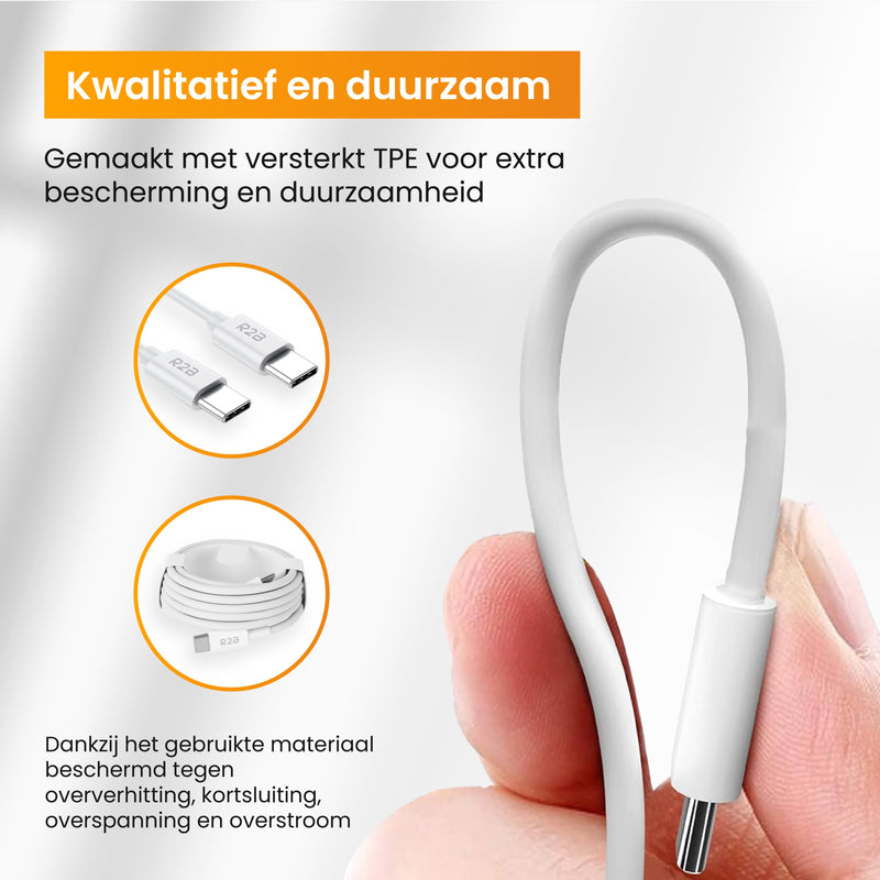 R2B® USB-C naar USB-C Kabel - 1 Meter - Extra stevig - USB-C Oplader - Wit