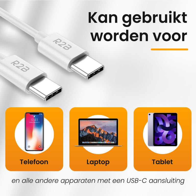 R2B® USB-C naar USB-C Kabel - 2 Meter - Extra stevig - USB-C oplader - Wit
