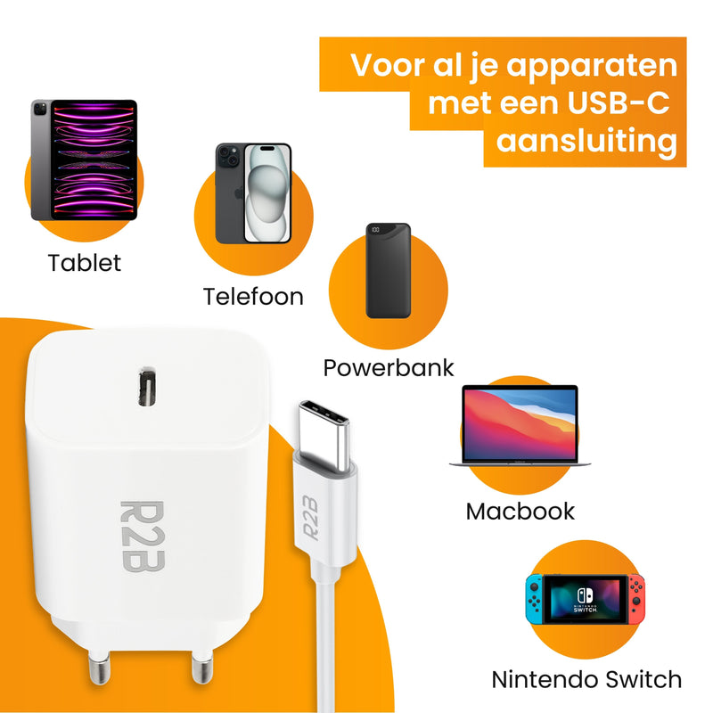 R2B® USB-C naar USB-C Kabel met USB-C Adapter - 1 Meter kabel - Extra stevige USB-C kabels - USB-C oplader geschikt
