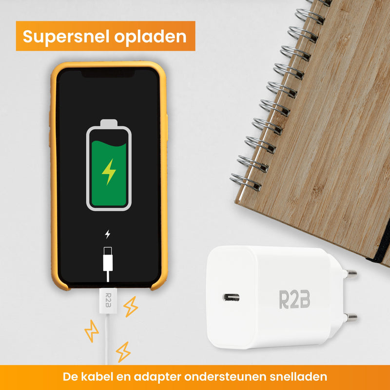 R2B® USB-C naar USB-C Kabel met USB C Adapter - 2 Meter kabel - Extra stevige USB-C kabels - USB-C oplader geschikt