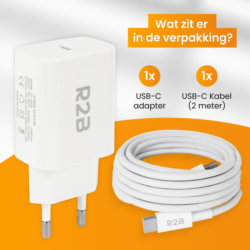 R2B® USB-C naar USB-C Kabel met USB C Adapter - 2 Meter kabel - Extra stevige USB-C kabels - USB-C oplader geschikt