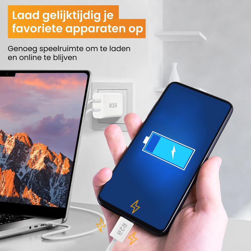 R2B® USB-C naar USB-C Kabel + USB A & USB-C Adapter - 2 Meter kabel - Extra stevige USB-C kabels - USB-C oplader