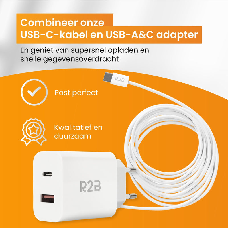 R2B® USB-C naar USB-C Kabel + USB A & USB-C Adapter - 2 Meter kabel - Extra stevige USB-C kabels - USB-C oplader