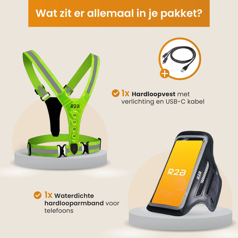 R2B® Waterdichte Hardloop Telefoonhouder t/m 6.5 inch + Hardloopvest met Verlichting Oplaadbaar - Sportarmband