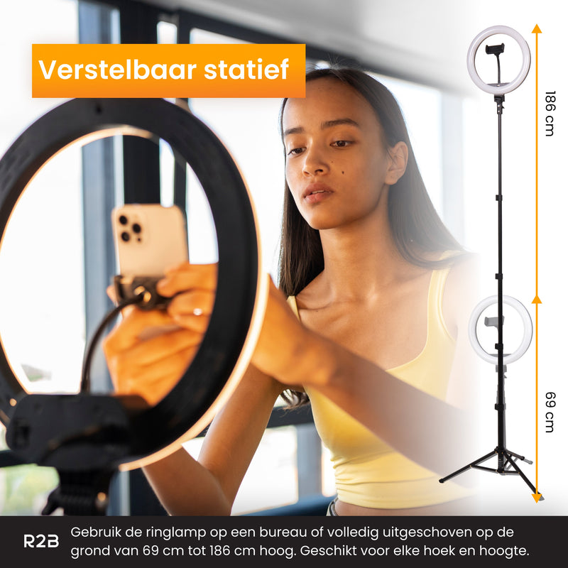 R2B Ringlamp met statief verstelbaar tot 186 cm en 30 lichtstanden- Tiktok lamp - Model Groningen - Ringlamp