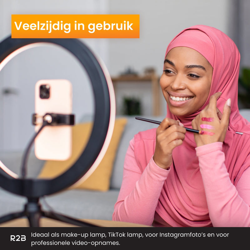 R2B Ringlamp met statief verstelbaar tot 186 cm en 30 lichtstanden- Tiktok lamp - Model Groningen - Ringlamp